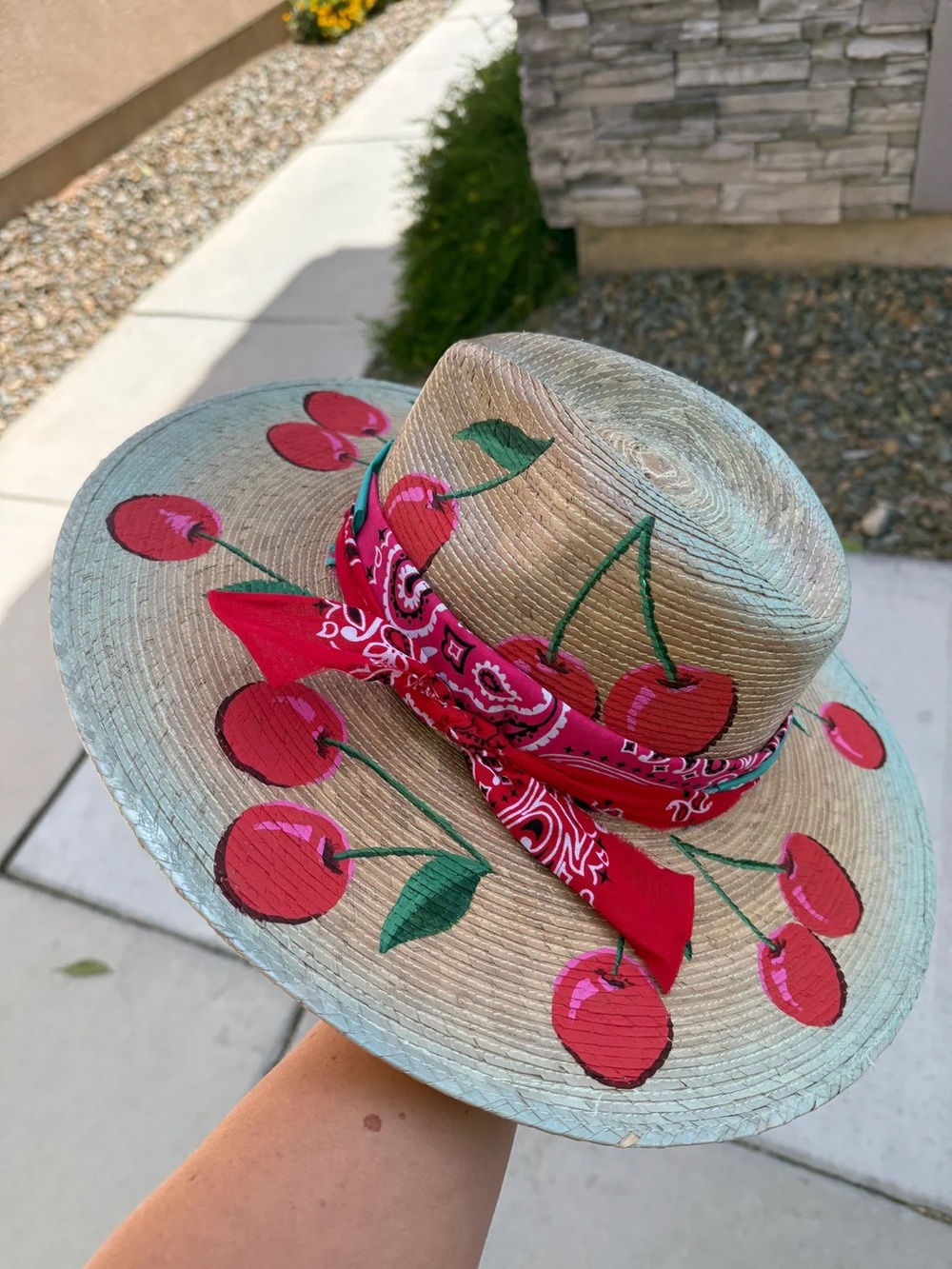 Wide brim straw cherry painted wide brim hat vacation tropical hat resort wear